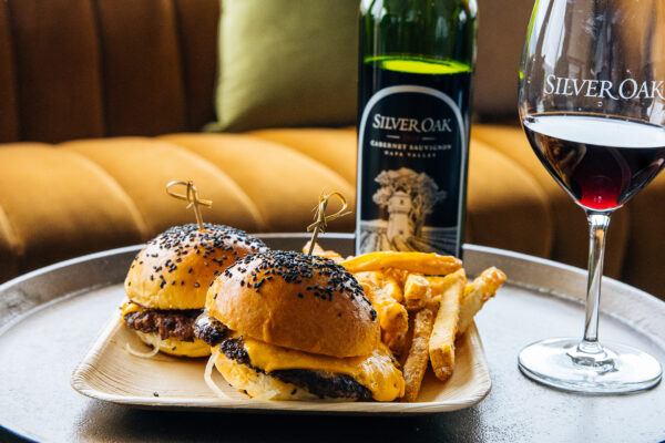 Burgers and fries served with 2019 Silver Oak Napa Valley Cabernet Sauvignon